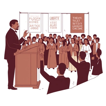 A historical figure resembling "Frederick Douglass" stands at a wooden podium, passionately speaking to an audience. The room is filled with people, showcasing a diverse crowd, some with their hands raised in agreement. Attendees are dressed in period-appropriate clothing, with men in suits and women in long dresses. Banners in the background display the words "Liberty" and "Justice," emphasizing the conference theme. The atmosphere is filled with anticipation and engagement, as Douglass's expression conveys determination and conviction.