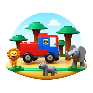 A 3D icon of a Lego truck driving through a Lego safari landscape. The truck is brightly colored, featuring red and blue blocks, with a smooth finish and small Lego figures inside. Surrounding the truck are Lego versions of wild animals, including a lion with a golden mane and an elephant with large, floppy ears. The safari environment consists of Lego trees with green foliage, a blue sky, and some Lego shrubs scattered across the scene. The entire composition showcases a playful interaction between the truck and the Lego wildlife.