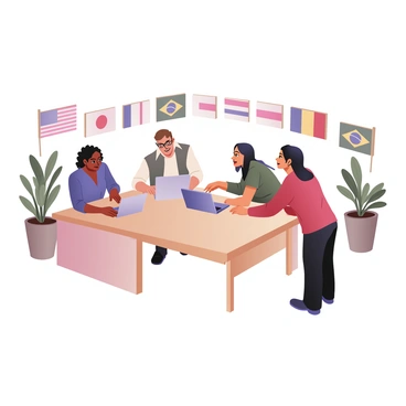 A digital flat illustration depicting a multicultural team collaborating on a project around a large table. There are four team members: a woman with dark skin and curly hair wearing a blue blouse and black trousers; a man with light skin and short brown hair wearing a white shirt and gray jacket; a person with medium skin and long black hair in a green dress; and another person with tan skin and short black hair in a red sweater. They are actively discussing and pointing at a laptop on the table. Behind them, various flags from different countries are displayed on the walls, including the flags of the United States, Japan, Brazil, and Germany. The room is filled with light, and there are plants in the corners.