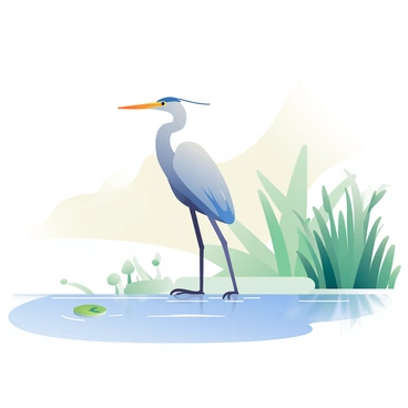 A heron with tall, slender legs is standing still on the edge of a quiet wetland, its long neck extended as it hunts for fish. The heron has gray feathers with subtle blue accents, and its sharp beak is pointed downward, poised to catch a fish. Surrounding the heron, the wetland features lush green reeds and gentle ripples on the surface of the water. In the background, soft reflections of the foliage can be seen in the calm water, creating a tranquil atmosphere. A few small lily pads float nearby, adding to the serene environment.