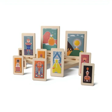 A symmetrically arranged display featuring a variety of boards in different sizes. Each board showcases striking artworks with bold colors and intricate designs. The boards are positioned at equal intervals, creating a balanced composition. Some artworks depict abstract patterns, while others feature detailed illustrations. The overall arrangement is eye-catching and well-organized, inviting viewers to appreciate the unique styles of each piece.