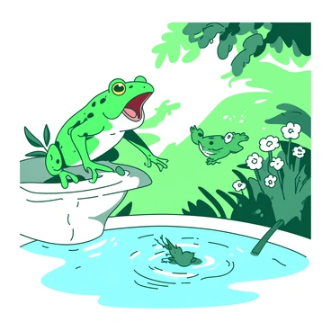 A green frog is perched on the edge of a white stone fountain, its mouth open as it croaks joyfully. Nearby, another green frog is leaping through the air, leaving a small splash as it lands in the water. The fountain is surrounded by lush greenery, with various plants and flowers in shades of white and green. Sunlight filters through the leaves above, casting dappled shadows on the ground. The scene captures the lively movement of the frogs as they hop around, creating ripples in the water.