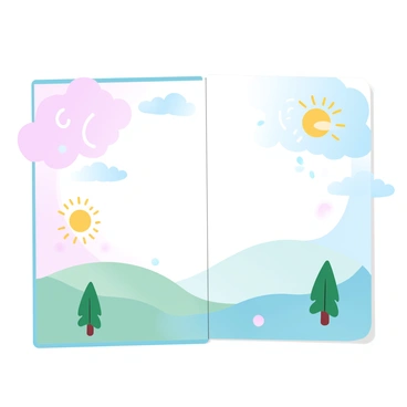 A page from a children's book features a large, bright illustration of an occluded front. The scene is filled with fluffy clouds in pastel shades of pink, blue, and yellow. Below the clouds, there are rolling hills in varying tones of green, with a few cheerful, cartoonish trees scattered throughout. On one side of the page, vibrant colors represent warm air, while the other side showcases cooler colors, depicting cold air. The transition between these colors creates an engaging gradient effect. Above the clouds, whimsical swirls and rays of sunshine are radiating downwards, adding a playful touch to the weather phenomenon.