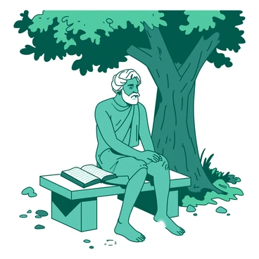 A teal Aristotle is sitting on a stone bench under a leafy tree. He is depicted with a thoughtful expression, his chin resting on one hand. The tree has a wide trunk and abundant green foliage, providing ample shade. Scattered around the bench are small pebbles and patches of grass. The ground is uneven, hinting at the natural setting. An open book lies beside Aristotle on the bench, with pages gently fluttering in the breeze.