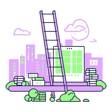 A ladder labeled "leverage" is positioned in the foreground, with its rungs extending upward towards the sky. The ladder is tall and sturdy, made of metal, casting a shadow on the ground below. In the background, a sprawling financial landscape unfolds, featuring various buildings resembling banks and offices. Some buildings have large windows that reflect light, while others have prominent signs displaying financial symbols. A horizon line is visible in the distance, hinting at a bright opportunity. Scattered around the base of the ladder, there are piles of green coins and stacks of purple banknotes, symbolizing wealth and investment.