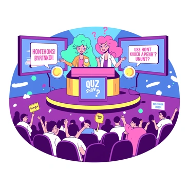 A vibrant quiz show set featuring two lively hosts standing at a central podium. The hosts are animated, one with bright teal hair and the other with striking pink hair, both wearing colorful outfits. In front of them, there are large display screens showcasing questions with dynamic graphics. The excited audience is seated in rows, with animated characters cheering and waving colorful signs. Bright lights illuminate the stage, enhancing the lively atmosphere. The backdrop features playful quiz-related elements like question marks and fun graphics.