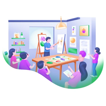 An artist standing at a large, wooden table in a brightly lit shop, surrounded by an audience of curious onlookers. The artist is focused on a canvas, with a variety of colorful paint tubes and brushes scattered around. An easel holds the canvas, which features a partially completed illustration of a whimsical scene. The audience members, a mix of children and adults, are engaged, some taking notes, while others are holding sketchbooks. The walls of the shop are lined with framed artwork and shelves filled with art supplies. Bright, decorative lighting hangs from the ceiling, creating an inviting atmosphere.