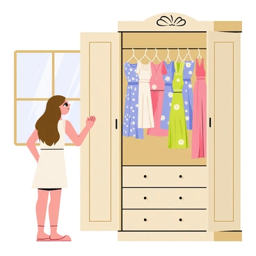 A girl with long brown hair stands in front of a large wooden wardrobe. The wardrobe has intricate carvings and is slightly open, revealing a collection of vintage dresses in various colors and patterns. The dresses hang neatly on hangers, showcasing floral designs, polka dots, and stripes. The girl is wearing a light pastel dress with lace details, and she has a curious expression as she gazes at the wardrobe. Soft light filters in from a nearby window, illuminating the scene and casting gentle shadows.