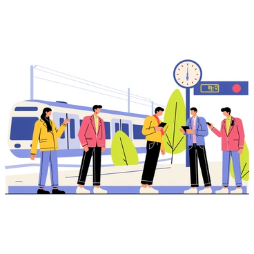 A train station scene with several people standing on the platform. Each person is wearing colorful coats and scarves that are blowing in the wind. The individuals are positioned in various poses, some looking at their watches while others are gazing down the tracks. A large digital clock displaying the time is mounted on the wall of the station. The background features a train approaching the platform, and trees swaying slightly in the breeze can be seen.