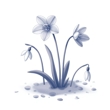 A close-up view of winter flowers emerging from a snowy landscape. There are delicate "hellebores" with intricately shaped petals, featuring prominent stamens at their centers. "Snowdrops" can be seen, characterized by their drooping white blossoms and slender green leaves. The surrounding ground is covered in a thick layer of "snow," with small patches revealing the earth beneath. The composition showcases the contrast between the flowers and the snow, highlighting their resilience in the winter season.