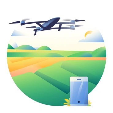 A sleek drone is flying high above vast green fields. The drone features a streamlined design with a shiny black exterior and propellers that are gracefully spinning. Below it, the fields stretch out, displaying rows of vibrant crops that alternate between shades of green and golden yellow. The sunlight casts soft shadows across the landscape. Near the drone, there is a compact hydrogen fuel cell, showcased with a bright blue casing, indicating its advanced technology. The scene captures the harmony between modern technology and the natural environment.