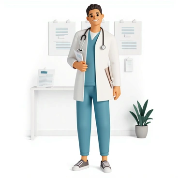 A friendly doctor, wearing a white lab coat, blue scrubs, and a stethoscope around their neck. They are standing in a well-lit medical office, smiling warmly at the viewer. The doctor is holding a clipboard with papers in one hand, while the other hand is placed on their hip. The background features medical charts and a potted plant, adding to the professional atmosphere.