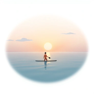 A surfer, wearing a bright red wetsuit and a black surfboard, is paddling alone on a vast, calm ocean. The water is reflecting the soft colors of the sunrise, with shades of orange, pink, and gold mixing together. The sky above is clear with a few wispy clouds, and the sun is just beginning to rise above the horizon. Gentle ripples in the water surround the surfer as they focus on the waves ahead.