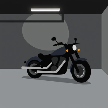 A dimly lit garage with a smooth concrete floor. A motorcycle with a glossy black finish is parked prominently in the center. The walls of the garage are bare, casting subtle shadows in the low light. A single overhead bulb emits a warm glow, illuminating the motorcycle's chrome details. The scene is quiet, with an atmosphere of stillness enveloping the space.