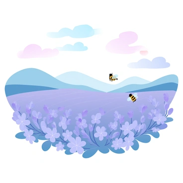 A sprawling field of lavender stretches across the landscape, filled with vibrant purple blooms swaying gently in the breeze. Bees are buzzing around the fragrant flowers, their tiny bodies darting from one bloom to another. The sun casts a warm glow over the scene, highlighting the delicate details of the lavender petals. In the distance, rolling hills can be seen, adding depth to the composition. The sky above is a soft gradient of pastel colors, enhancing the tranquility of the setting.