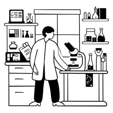 A scientist in a lab coat is standing at a microscope, intently observing sperm cells on a glass slide. The microscope is equipped with various dials and lenses. Surrounding the scientist are shelves filled with scientific equipment, glass beakers, and notebooks filled with notes. The background shows a well-organized laboratory with a large window allowing light to filter in, illuminating the workspace.