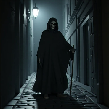 A reaper, dressed in a dark, tattered cloak, stands at the entrance of an eerie alley. The cloak billows around him, creating a foreboding presence. Shadows stretch across the cobblestone pavement, enhancing the atmosphere of mystery. The reaper's skeletal face is partially obscured by the hood, with faint glimmers of light reflecting off his sharp, bony fingers that clutch a menacing scythe. Dim light flickers from a distant streetlamp, casting elongated shadows that dance on the walls of the alley. The surrounding buildings are worn and cracked, adding to the haunting scene.