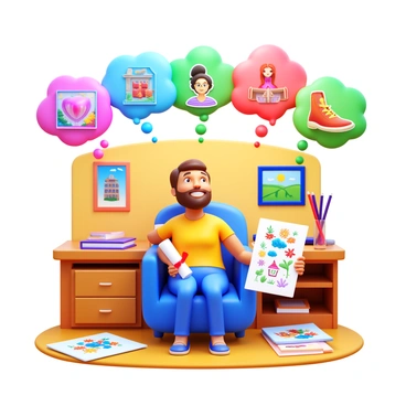 A person sitting comfortably in a cozy room, looking thoughtfully upwards with a smile. They are holding a diploma in one hand, while their other hand is resting on a sketchpad filled with colorful illustrations. The room is decorated with art supplies scattered on a table, and various illustrated works hanging on the walls. Above the person, vibrant thought bubbles are filled with images of different illustration careers, such as graphic design, animation, and children's book illustration. The overall scene conveys a sense of aspiration and creativity.