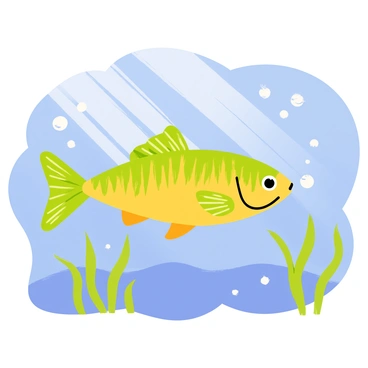 A vibrant pike fish with bright green and yellow stripes swimming gracefully through a clear blue lake. The water is filled with small bubbles rising to the surface. Surrounding the pike are various aquatic plants in shades of green, with long, flowing leaves swaying gently in the water. Sunlight filters down, creating sparkling reflections on the lake's surface.