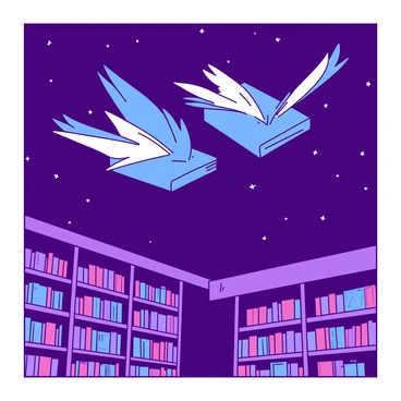 A pair of blue books with delicate, feathered wings is soaring gracefully above a grand library. The library is filled with towering shelves lined with colorful books. The scene is set under a dark, purple starry sky, where countless stars twinkle brightly. The books appear to be flying towards the distant horizon, leaving a sense of wonder in the air. Below, the silhouettes of the library's architecture create a majestic backdrop for this enchanting spectacle.