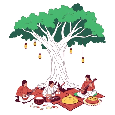 A white banyan tree with sprawling roots and lush green leaves stands tall in the center of the image. Beneath the tree, a group of musicians is gathered, each playing traditional Indian instruments such as a sitar, tabla, and harmonium. One musician is seated cross-legged, focused intently on his sitar, while another is energetically playing the tabla with expressive movements. Surrounding them, a small audience is seated on colorful rugs, captivated by the performance. The warm glow of lanterns hanging from the tree adds a cozy atmosphere, illuminating the musicians and creating shadows on the ground.