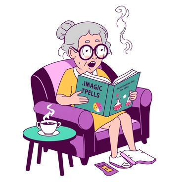 A quirky old grandmother with gray hair styled in a bun is sitting in a cozy armchair. She is wearing oversized round glasses that magnify her eyes, giving her a whimsical appearance. In her hands, she holds an open book titled "Magic Spells." The pages of the book are filled with colorful illustrations of potions and mystical symbols. The grandmother's face expresses curiosity and wonder as she reads. Beside her, there is a small teal side table with a steaming cup of tea and a few scattered bookmarks.