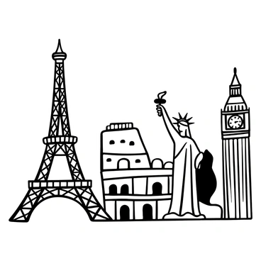An illustrated page from a travel journal showcasing various famous landmarks. The "Eiffel Tower" stands tall on one side, intricately detailed with its metal lattice structure. Nearby, the "Statue of Liberty" is depicted with her raised torch, showing her distinct robe. The "Colosseum" is illustrated with its iconic arches and ancient stone texture. In the background, a small sketch of "Big Ben" can be seen, with its clock face visible at the top. Fine lines and cross-hatching techniques add depth and dimension to the entire illustration.