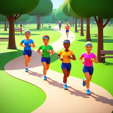 A group of five people power walking along a winding path in a green park. They are wearing colorful athletic clothing, including bright t-shirts, shorts, and headbands. Each person has a determined expression on their face, showcasing their commitment to fitness. The background features tall trees providing shade, and a few benches scattered along the path. Sunlight filters through the branches, casting dappled shadows on the ground. In the distance, other park-goers are jogging or enjoying leisurely strolls, adding to the lively atmosphere of the park.