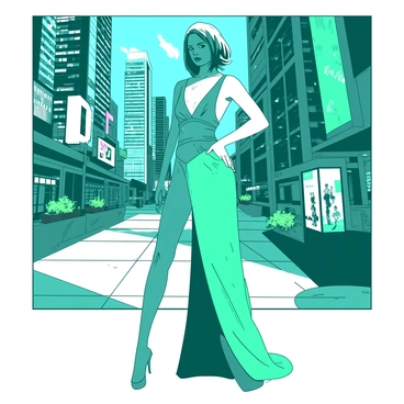 A teal model is posing confidently in a sleek high-tech, futuristic dress that incorporates geometric patterns and metallic elements. The dress shimmers under the city lights, reflecting the vibrant atmosphere of the modern cityscape around her. Skyscrapers with glass facades tower in the background, illuminated by bright electronic billboards and neon signs in various colors. The model stands on a polished concrete sidewalk, with hints of green vegetation peeking from planters nearby against the urban environment. Her hair is styled in an avant-garde fashion, complementing the cutting-edge aesthetic of her outfit.