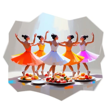 A group of dancers with varied appearances are moving chaotically in a circular formation, surrounded by an ominous atmosphere. The dancers exhibit expressions of both joy and despair as they whirl around, their costumes reflecting indulgent, opulent fabrics in rich colors. Their bodies are in dynamic poses, capturing the frenetic energy of their movements. In the background, there are piles of extravagant, tempting foods and overflowing plates that symbolize gluttony. The scene is dominated by a sense of disorder, with the dancers caught in a whirl of motion amidst this excess.