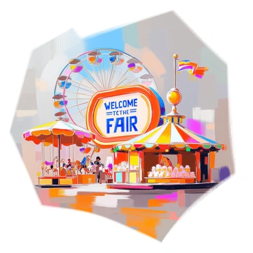 A vintage style poster design displayed on a quarter illustration board. The poster features bold, retro typography that reads “Welcome to the Fair” in the center. Surrounding the text are vibrant illustrations of classic fair attractions, including a Ferris wheel with colorful gondolas, a carousel decorated with ornate horses, and stalls selling cotton candy and popcorn. The background is filled with warm, nostalgic colors reminiscent of an old-fashioned carnival atmosphere. There are decorative borders framing the design, enhancing its vintage appeal.