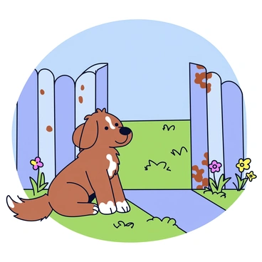A scruffy brown dog with a tangled coat is sitting patiently next to a rusty metal gate. The gate has peeling paint and visible rust spots, standing slightly ajar. In the background, there are patches of green grass scattered across the backyard, and a few colorful flowers growing near the base of the gate. The sky above is clear and blue, creating a bright atmosphere around the scene.
