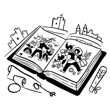 An open book lies on a wooden table, with illustrated pages displaying ancient warriors in detailed armor engaged in battle. The warriors are wielding swords and shields, surrounded by scenes of intense clashes and formations. Scrolls and quills are scattered around the book, emphasizing a scholarly atmosphere. In the background, faint outlines of ancient castles and fortresses are visible, hinting at the grand scale of the epic narrative. Words "A Historical Epic" are inscribed at the top of the book's pages.