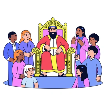 King Solomon is depicted sitting on an ornate throne with intricate carvings and embellishments. He has a regal appearance, wearing a long robe made of rich fabric with gold accents. Surrounding him are several individuals, each displaying diverse expressions of curiosity and respect, as they approach him for his wise judgment. The people vary in age and attire, reflecting a range of cultural backgrounds. The setting suggests a grand hall, with decorative elements that enhance the sense of importance and authority.