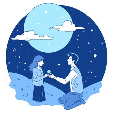 A tranquil night-time scene features a couple standing together on a grassy hill. The man is on one knee, holding out a shimmering silver ring to the woman, who looks surprised and delighted. Above them, a large full moon illuminates the surroundings, casting soft shadows on the couple. The sky is filled with countless bright stars, creating a magical backdrop for the moment. There are a few clouds drifting lazily across the moon, adding depth to the night sky.
