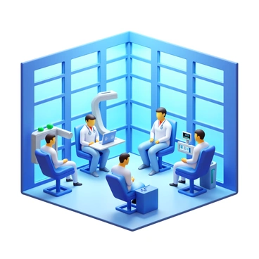 A futuristic hospital with sleek, modern architecture featuring large glass windows. Inside, several doctors wearing high-tech medical uniforms are engaged in diagnosing and treating patients. One doctor is using a holographic display to analyze patient data. Another is operating a robotic arm that assists with a surgical procedure. Bright, ambient lighting gives a clean and sterile environment. Advanced medical equipment, such as scanning devices and automated diagnostic tools, are visible throughout the space. Patients are comfortably seated in high-tech examination chairs, looking at screens displaying their health information.