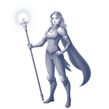 A powerful heroine stands confidently, her posture strong and assertive. She is holding a staff firmly in her right hand, which is adorned with intricate carvings and glowing runes. The top of the staff emits a radiant light, symbolizing magical energy. Her attire consists of a fitted armor that complements her athletic build, with embellishments that signify her role as a protector. The expression on her face conveys determination and courage, with her hair cascading down her shoulders. The environment around her is one of strong presence, emphasizing her role as a formidable figure.