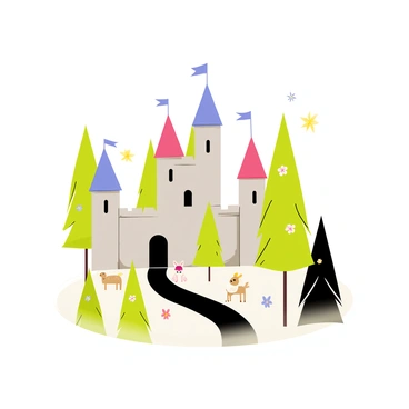 A miniature castle with gray stone walls and colorful turrets in shades of blue and red. The castle has small arched windows and a round entrance door. Surrounding the castle is a magical forest with tall, slender trees that have vibrant green leaves and glowing flowers in various colors. A winding path leads up to the castle, and small woodland creatures like rabbits and deer can be seen peeking through the trees. A soft mist hovers at the base of the trees, adding a touch of enchantment to the scene.