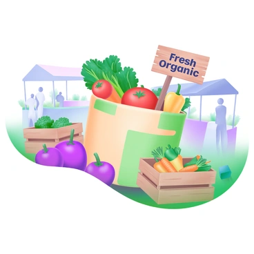 A modern pastel illustration featuring a colorful grocery sack overflowing with fresh organic vegetables. The sack is made of natural fabric, displaying shades of soft green and light brown. Inside, there are bright red tomatoes, deep green kale, orange carrots, and yellow bell peppers, all arranged neatly. Surrounding the grocery sack are wooden crates filled with more vegetables, along with a rustic wooden sign displaying the words "Fresh Organic" in an inviting font. The background shows a vibrant farmer's market scene with stalls and shoppers.