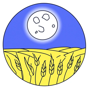 A luminous full moon shining brightly in the night sky. The moon has a textured surface with detailed craters and is surrounded by a soft glow. Below the moon, there is a vast golden field filled with tall, ripened wheat swaying gently in the breeze. The field stretches towards the horizon, capturing the essence of the harvest season. The scene is illuminated by the moonlight, casting soft shadows across the ground.