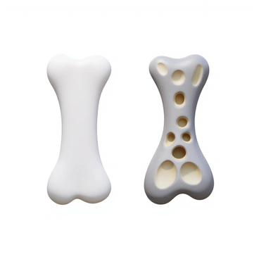 A 3D icon depicting a "healthy bone" on one side, showcasing its dense and strong structure with a smooth surface. On the opposite side, a "osteoporotic bone" is illustrated, featuring a brittle and porous texture with larger holes and a weakened appearance. The two bones are positioned side by side for direct comparison, highlighting the differences in density and structure between them.