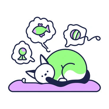 An outline of a cat is curled up, sleeping peacefully on a soft surface. The cat has distinct features, including pointed ears and a curled tail. Above the cat's head, several dream bubbles float in the air. One dream bubble contains a fish, depicted with fins and scales, while another dream bubble shows a colorful toy mouse with a long tail. A third dream bubble features a ball of yarn, with strands unraveling slightly. The overall composition captures a whimsical perspective of the cat's dreams.