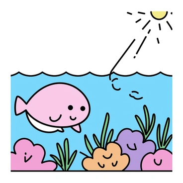 A blobfish with a rounded, soft body is gently swimming above an underwater garden. The garden is filled with vibrant coral in various shades of pink, orange, and purple, creating a colorful backdrop. Bright green sea plants sway gracefully in the water, adding texture and movement to the scene. The blobfish, with its distinct facial features, is carefully nudging a coral formation, showing its interaction with the underwater environment. Sunlight filters through the water, illuminating the scene with a soft glow.