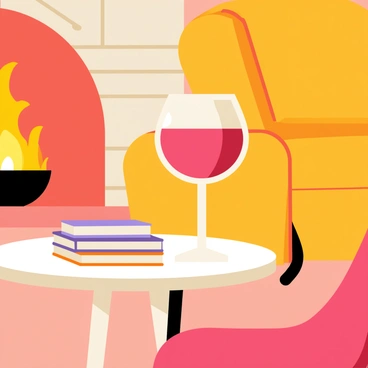 A clear wine glass filled with red wine is placed on a small round wooden table. The table has a smooth surface and is positioned beside a crackling fireplace. The fireplace emits a warm glow, illuminating the cozy room with soft light. The walls are adorned with wooden paneling and there is a plush armchair nearby, creating an inviting atmosphere. A small stack of books is resting on the table beside the wine glass.