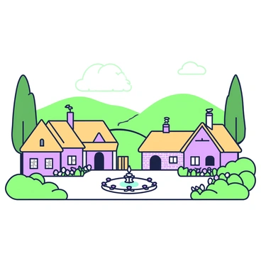 A quaint village is nestled among rolling hills and lush greenery. The houses have thatched roofs and brick walls, with smoke-free chimneys rising from their tops. Each structure features a small garden filled with flowers in front. The village square is visible with a fountain in the center, surrounded by a few benches. In the background, towering trees provide shade, and the scene is framed by a horizon of gentle hills. The sky above is clear, creating a calm and inviting atmosphere.