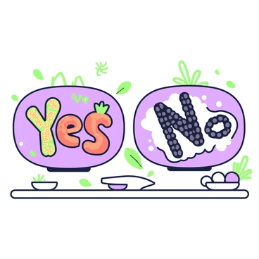 Two plates are presented on a wooden table, each containing uniquely arranged food items. The first plate features a composition of colorful ingredients shaped to form the word "Yes." Various vegetables like carrots and bell peppers are artistically cut and placed, alongside grains that fill in the letters, creating a vibrant display. The second plate presents the word "No," crafted from darker ingredients such as olives and black beans, arranged meticulously to form the letters. Both plates are garnished with fresh herbs, adding a touch of green around the edges.