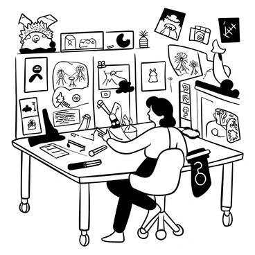 An artist sitting at a large wooden table, intently working on a detailed piece of concept art. Surrounding the artist are numerous sketches of mythical creatures, including a dragon with intricate scales, a majestic unicorn with flowing mane, and a fierce griffin perched on a rock. The table is cluttered with pencils, erasers, and sheets of paper, each displaying various stages of creature designs. Rolling shelves in the background hold more art supplies and reference books. Various fantasy-themed posters are pinned to the walls, enhancing the creative atmosphere.