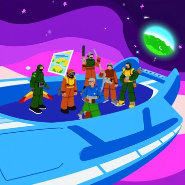 A team of five mercenaries equipped with futuristic armor stands on the deck of a sleek, modern spaceship. The ship has a vibrant blue hull and is adorned with various high-tech gadgets. In the background, a swirling nebula of purple and pink colors spreads across the starry sky. The mercenaries are preparing to launch, with one of them holding a holographic map of an "uncharted planet" that displays various terrain features. Each mercenary has a unique weapon: one has a plasma rifle, another has a futuristic sword, while the others carry high-tech gadgets. They are positioned at the edge of the ship, looking determined and ready for their mission. The ship’s ramp is lowered, revealing a view of the distant planet glowing with vibrant green landscapes.