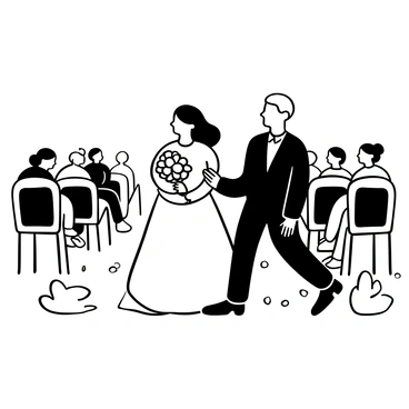 A bride in a flowing gown holding a bouquet of flowers is walking down the aisle alongside her father, who is dressed in a dark suit. The aisle is adorned with white floral arrangements on either side. There are chairs lined up neatly, and scattered petals on the ground. The background features soft shapes of guests seated, creating a sense of depth. The atmosphere is filled with an air of anticipation and celebration.