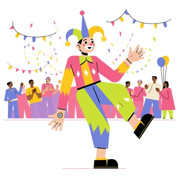 A jester wearing a colorful outfit with diamond patterns is performing an animated dance. The jester has a playful expression and a smile, with bells on the tips of a pointed hat that jingle as they move. Bright festival lights in various colors illuminate the scene, creating a lively atmosphere. The background includes festive decorations such as streamers and balloons, enhancing the celebratory mood. A small crowd can be seen in the background, clapping and enjoying the performance.
